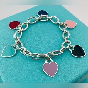 Tiffany Blue Enamel Clasping Links Bracelet With Heart Charms